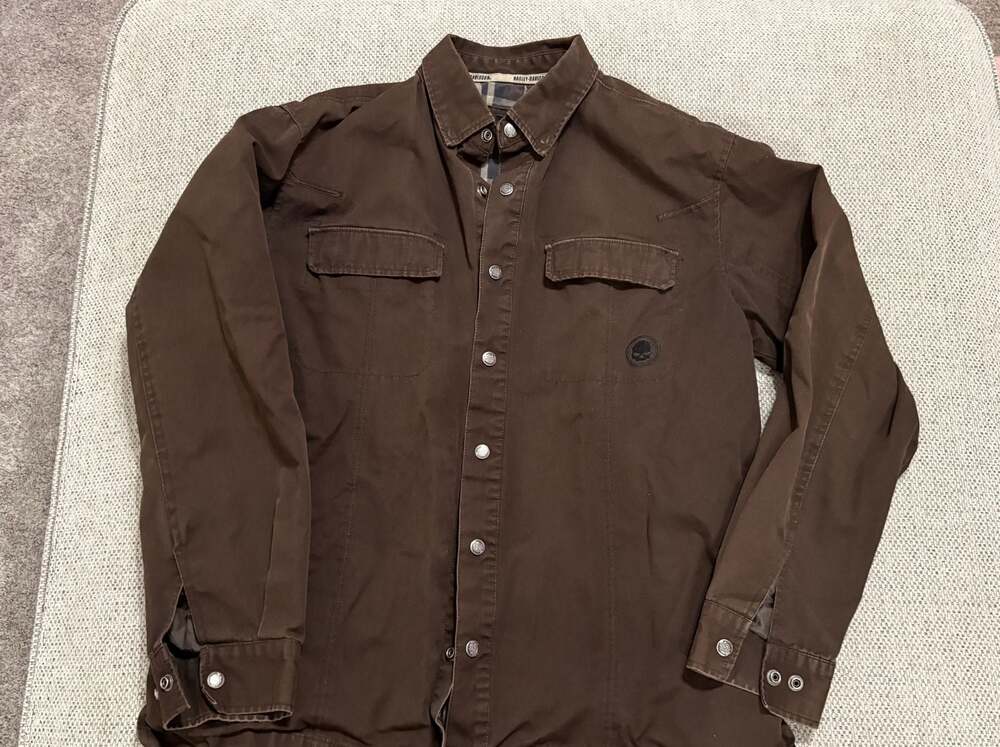 Harley-Davidson Men's Brown Cotton Twill Flannel Lined Shirt Jacket Snap Front L
